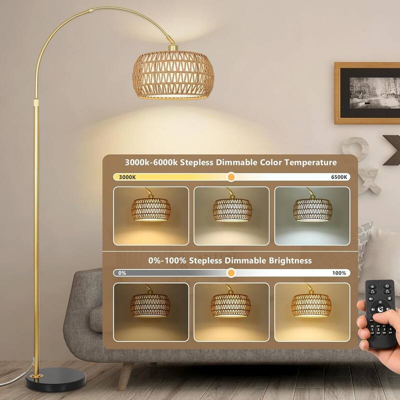 Arc Floor Lamp with Remote & Dimmable Bulb, Boho Rattan Standing lamp with 3 Color Temperatures, Height Adjustable Tall Lamp