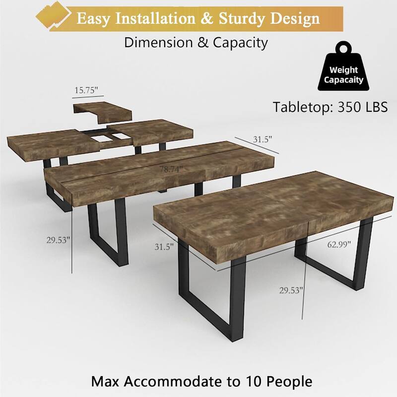 Large Expandable Dining Table, Wooden Kitchen Expanding Table for 6 8 10, Rectangular Conference Table