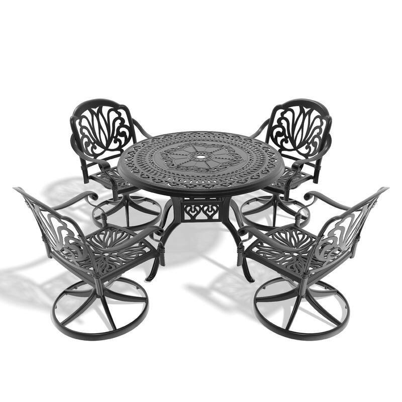 5-Pcs Outdoor Patio Dining Set,All-Weather Cast Aluminum Furniture Set with 4 Swivel Chairs and Round Table with Umbrella Hole