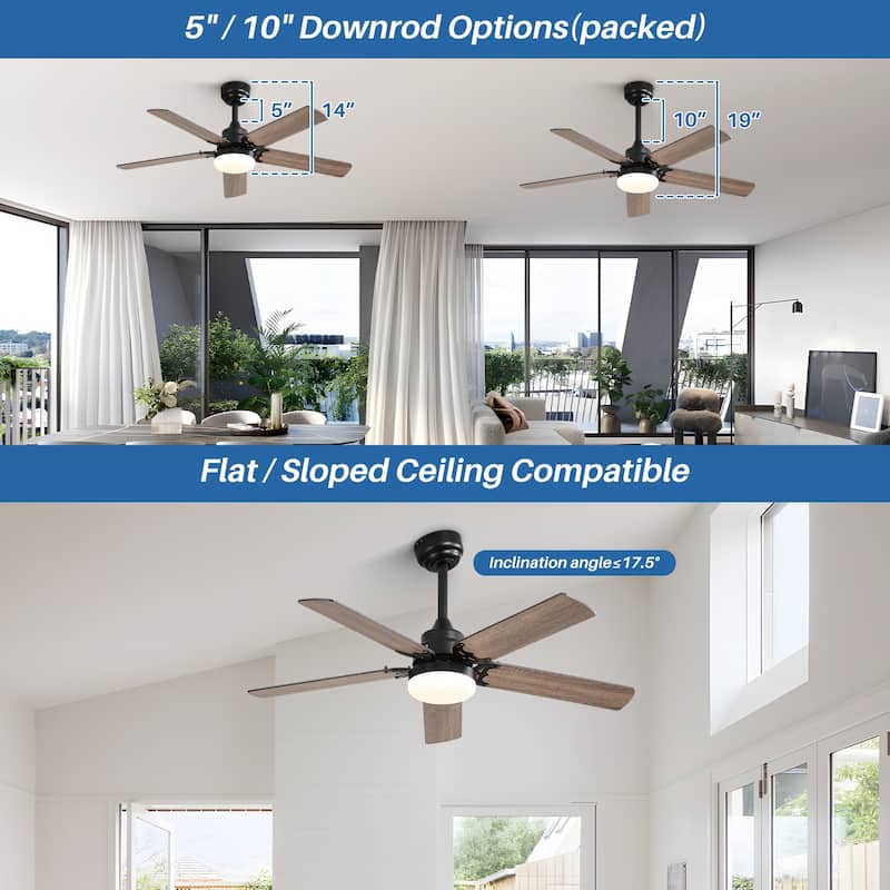 42-inch Flush Mount and Downrod Mount Ceiling Fan with Light and Remote, 5 Plywood Blades - 42 Inch diameter