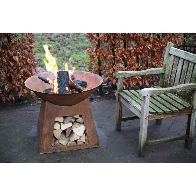 29.25" Brown Solid Rustic Finish Patio Garden Fire Bowl Storage