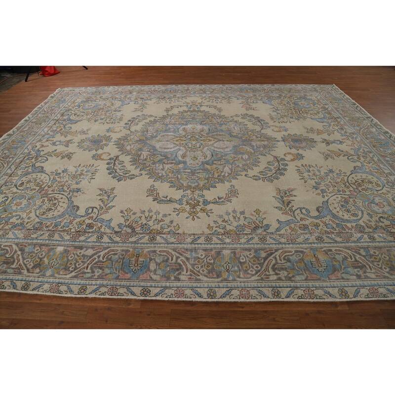 Traditional Tabriz Persian Area Rug Handmade Beige Wool Carpet - 10'0"x 12'5"
