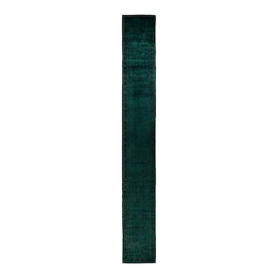 Overton Hand Knotted Wool Vintage Inspired Modern Contemporary Overdyed Green Runner Rug - 2' 5" x 21' 5"
