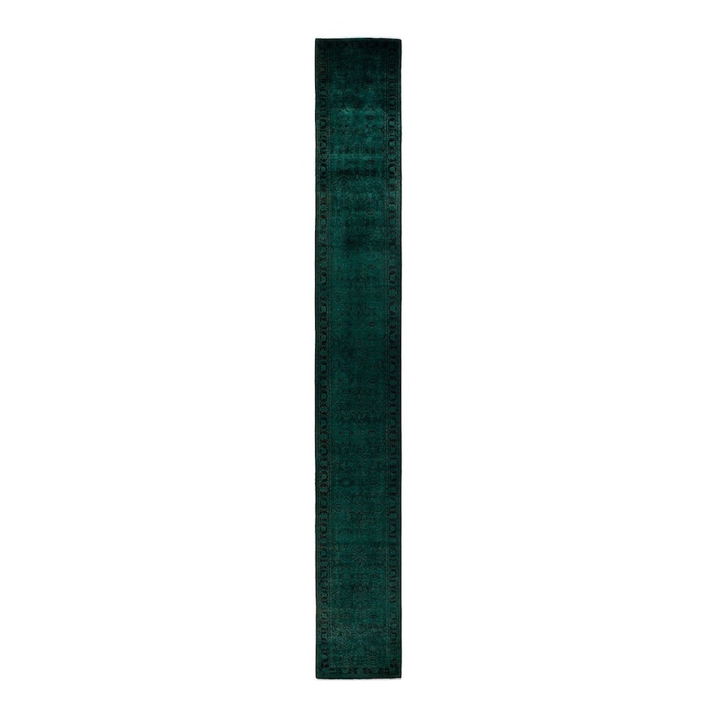 Overton Hand Knotted Wool Vintage Inspired Modern Contemporary Overdyed Green Runner Rug - 2' 5" x 21' 5"