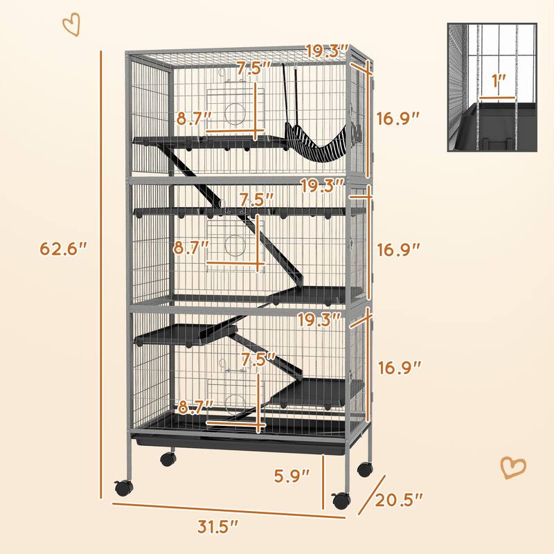 Grey Steel 6-Tier Small Pet Cage with Ramp, Hammock and Wheels - 31.5" L x 20.5" W x 62.6" H