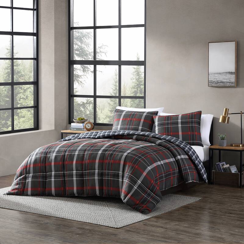 Eddie Bauer Willow Plaid Down Alt Grey Reversible Comforter Set