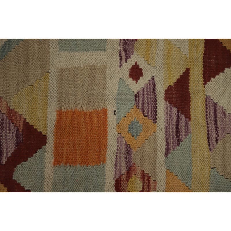 Hand Woven Oriental 100% Wool Carpet Southwestern Modern Multi-Colored Kilim Runner Rug - 12' 2'' X 2' 7''