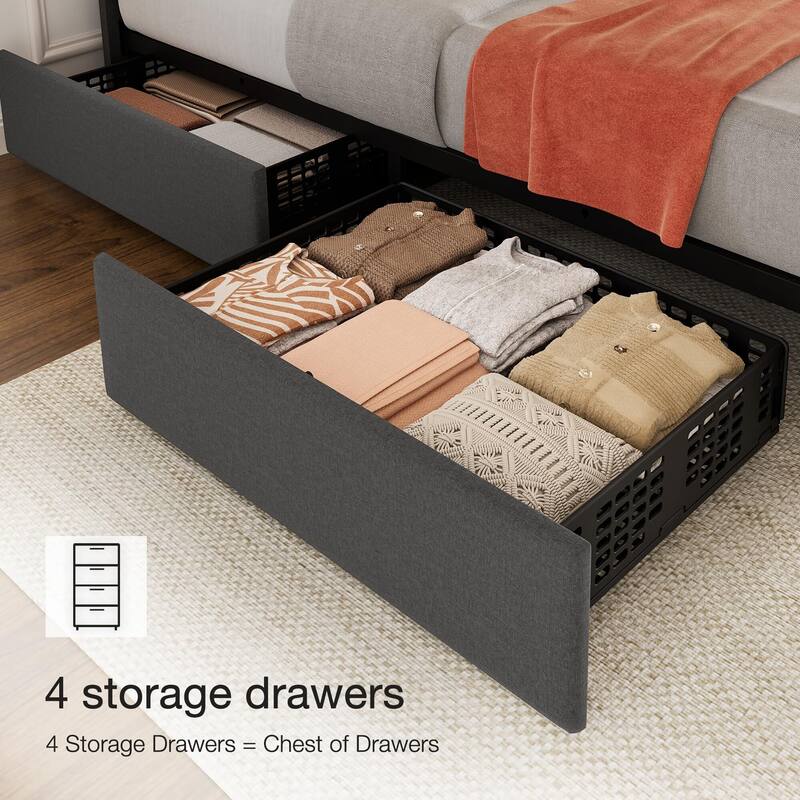 Platform Bed Frame with 4 Storage Drawers, Adjustable Headboard