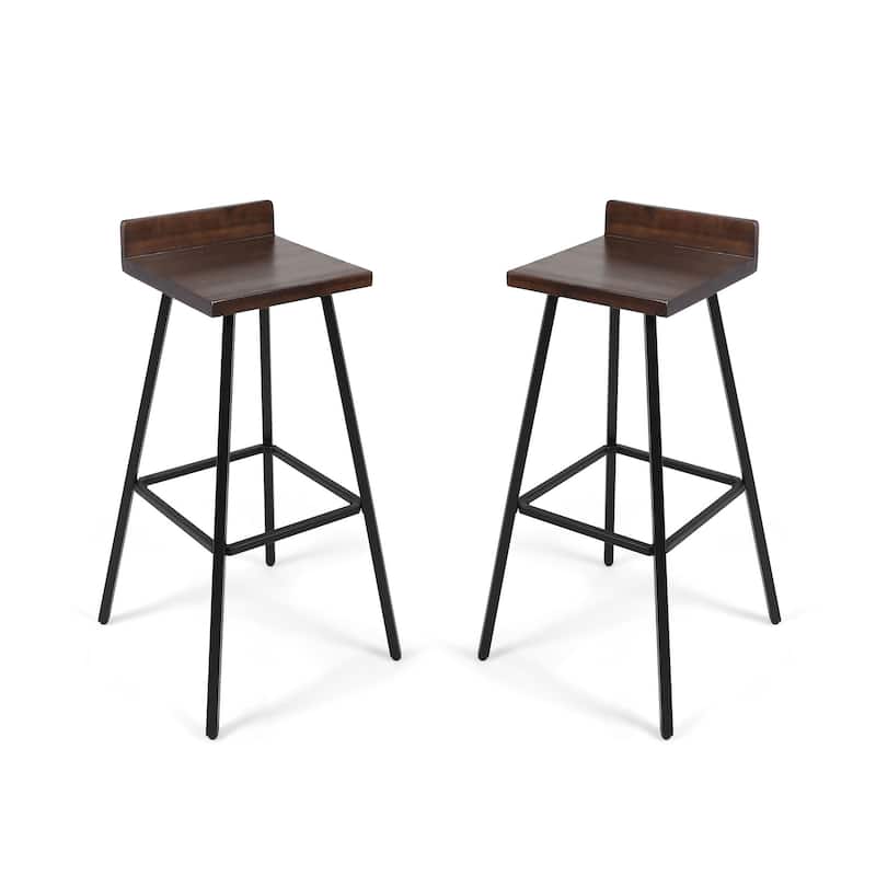 Barstool Chair Set of 2, Brown Acacia Wood, Black Angled Iron Legs