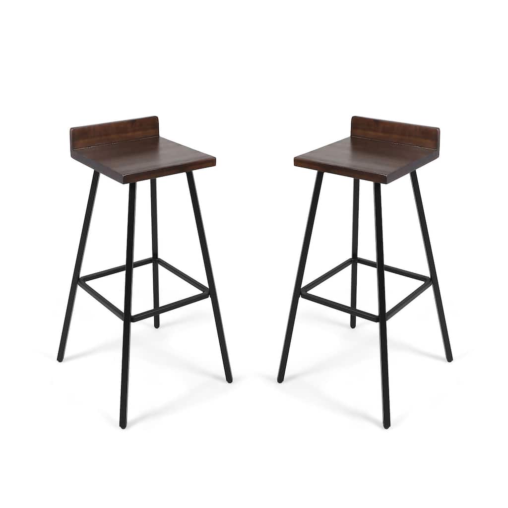 Barstool Chair Set of 2, Brown Acacia Wood, Black Angled Iron Legs