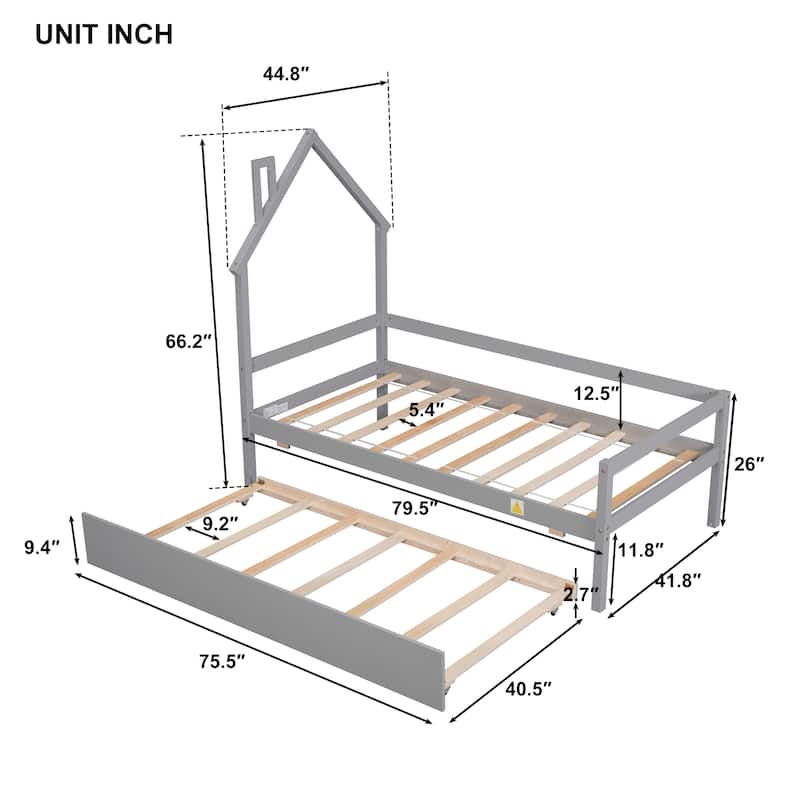 Grey Twin House Daybed with Trundle and Guardrails