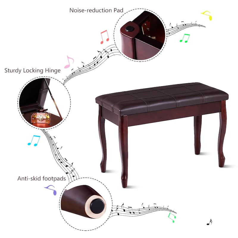 Costway Solid Wood Piano Bench PU Leather Keyboard Seat Storage Brown