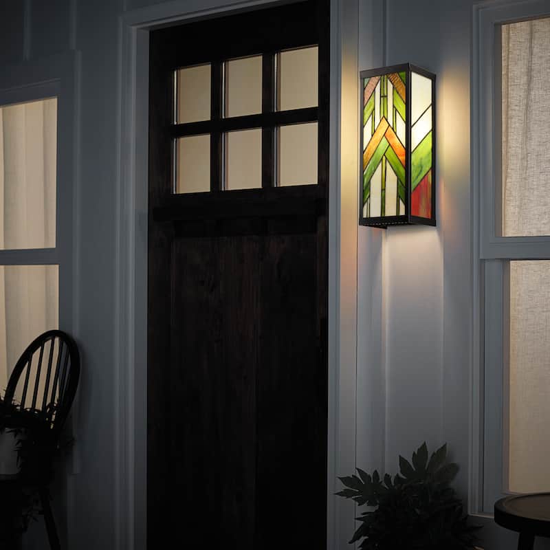 River of Goods Green Stained Glass and Black Satin Rectangular 1-Light Outdoor Wall Sconce - 6.25" x 5.5" x 16.25"