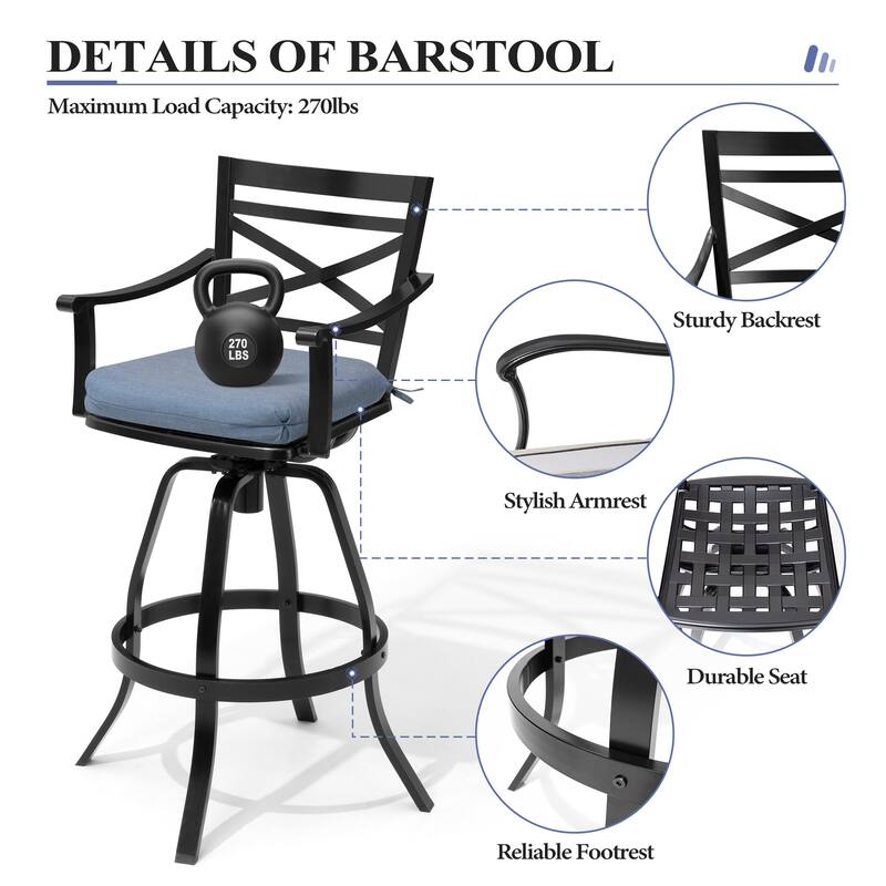 3/5-Piece Outdoor Swivel Aluminum Bar Stools with Sunbrella Cushion and Table Set