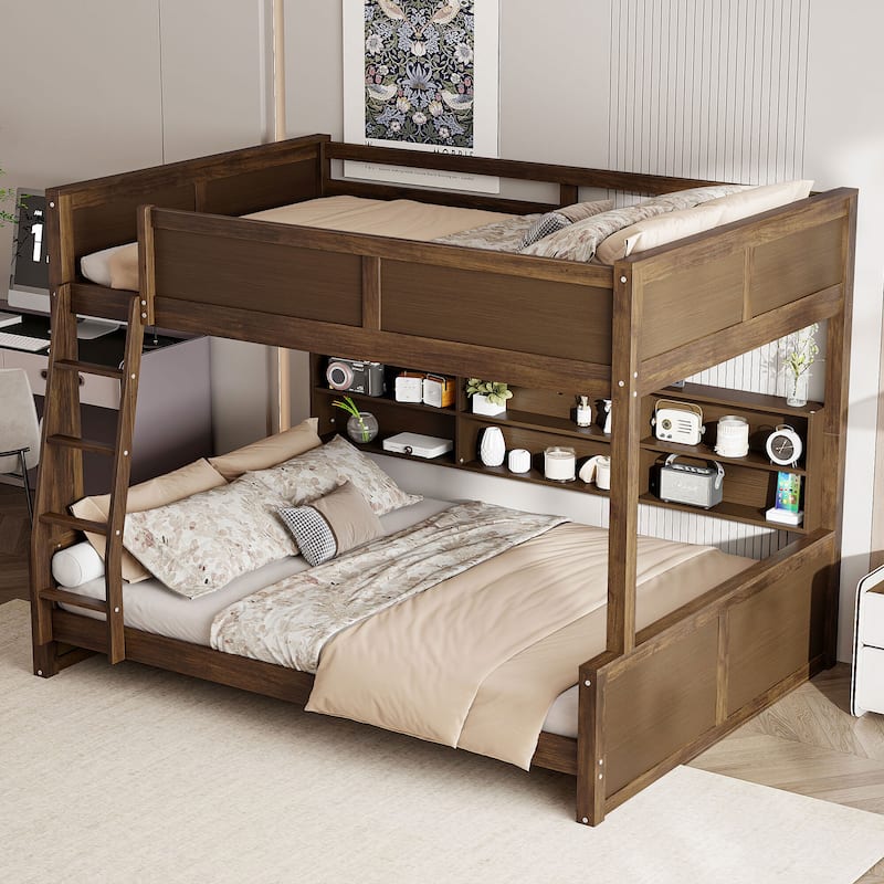 Twin&Full XL over Queen Bunk Bed with Storage Cabinets and USB Ports