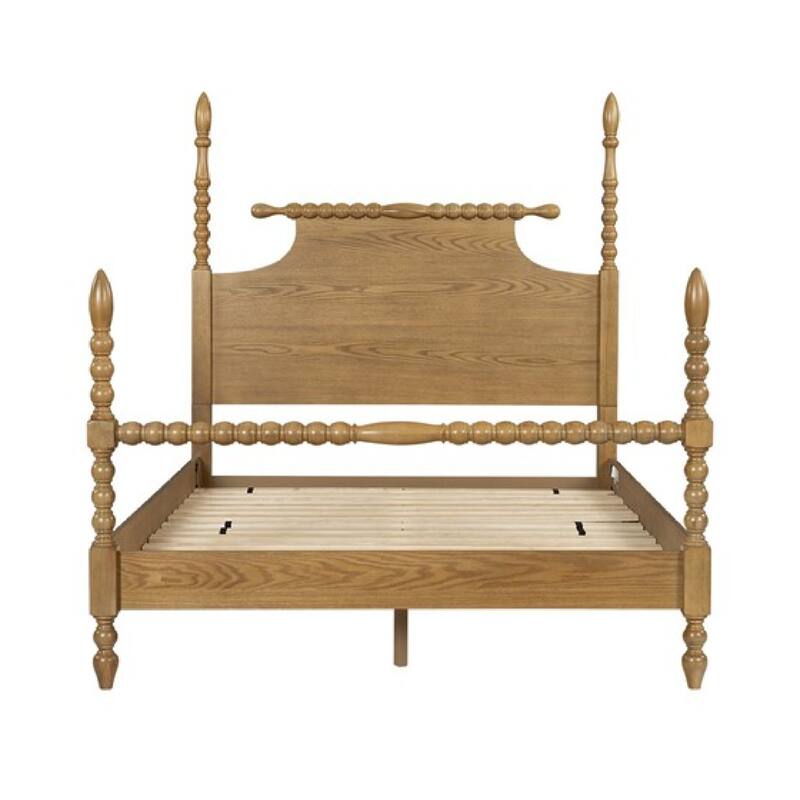 Roomfitters Traditional Four Poster Bed, Queen Size Solid Wood Frame with Rolling Pin Turned Posts and Slats, Natural