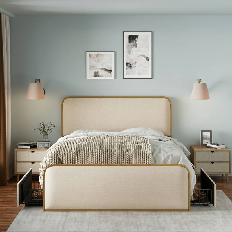 Gold Modern Metal Bed Frame with Curved Upholstered Headboard - Beige