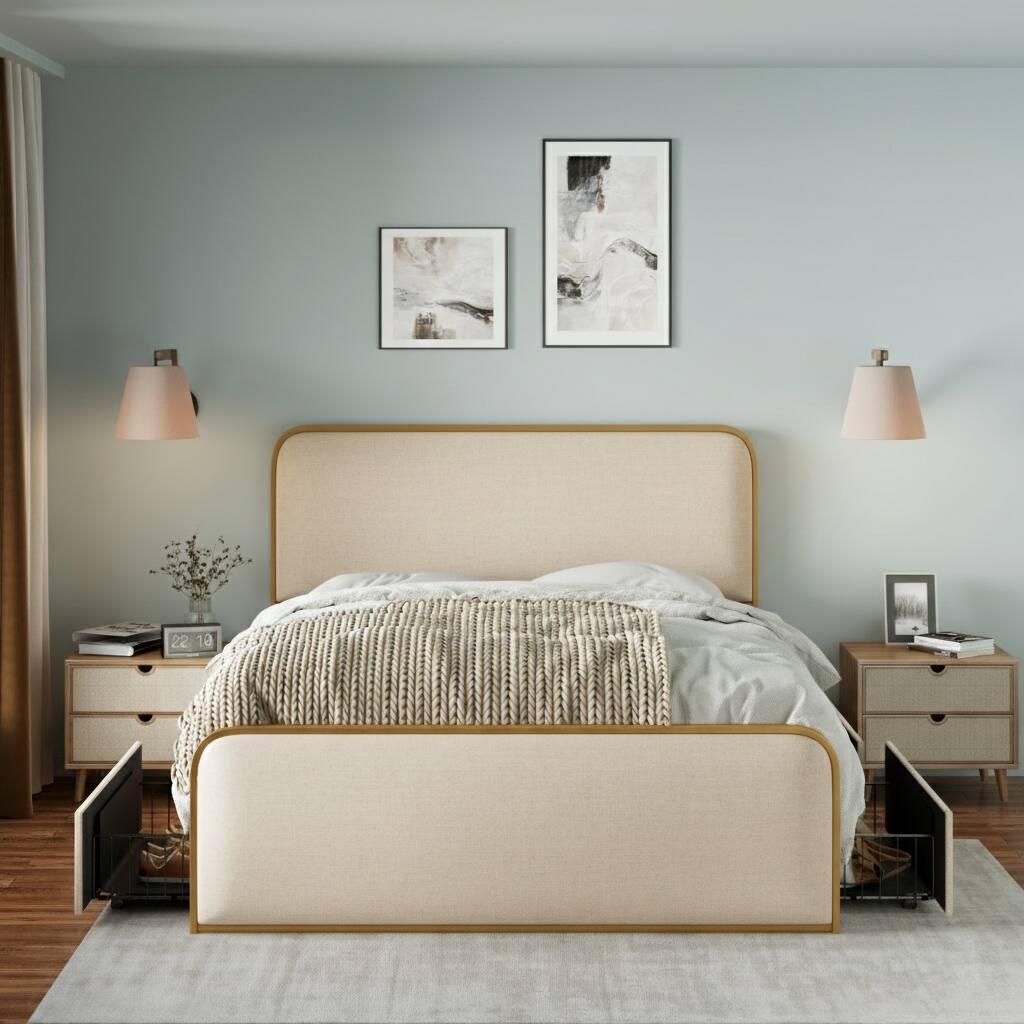 Gold Modern Metal Bed Frame with Curved Upholstered Headboard