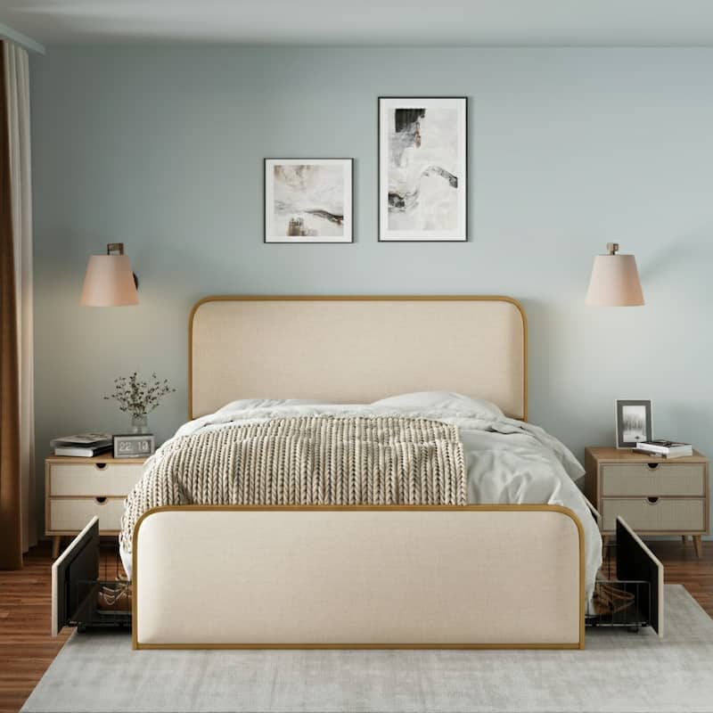 Linen Upholstered Bed Metal Platform Bed Frame with Storage Underneath, Safety Rounded Corners Design Headboard and Footboard