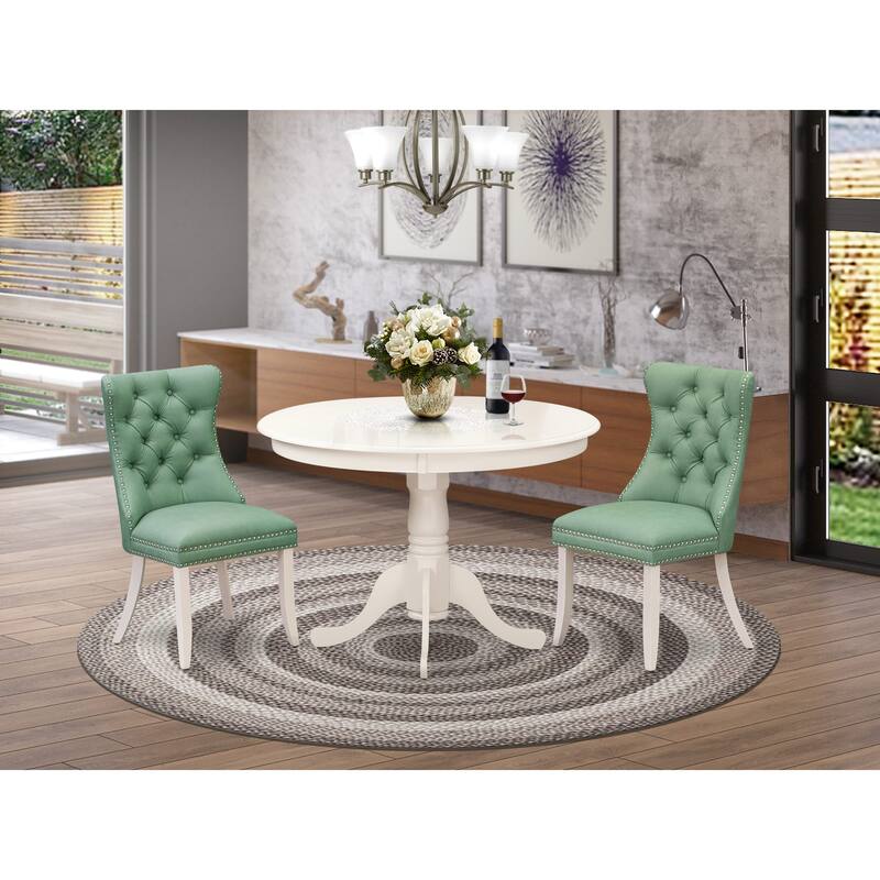East West Furniture Dining Table Set Includes a Round Kitchen Table and Upholstered Chairs, Linen White (Pieces Options) - HLDA3-LWH-22