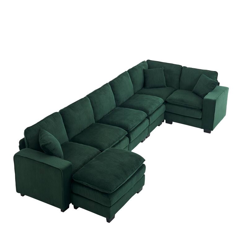 Modular Sectional Sofa for Living Room, U Shaped Sofa Couch with Ottoman and Three Toss Pillows, Corduroy Fabric Sofa Set