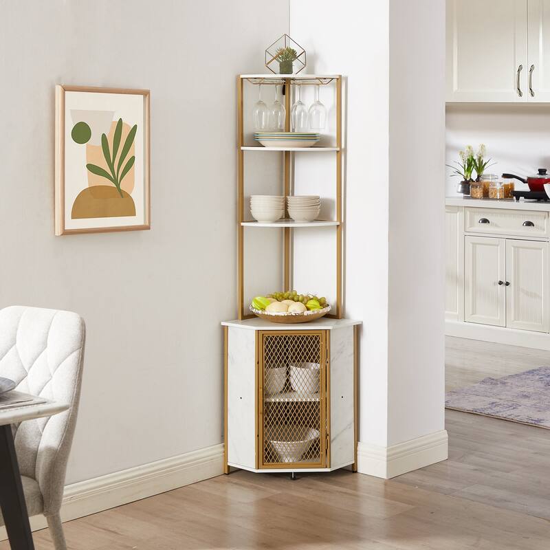 Javlergo 5-tier Wood Bookshelf Bookcase Display Corner Shelf with Storage and Glass Holder 63" Wine Bar