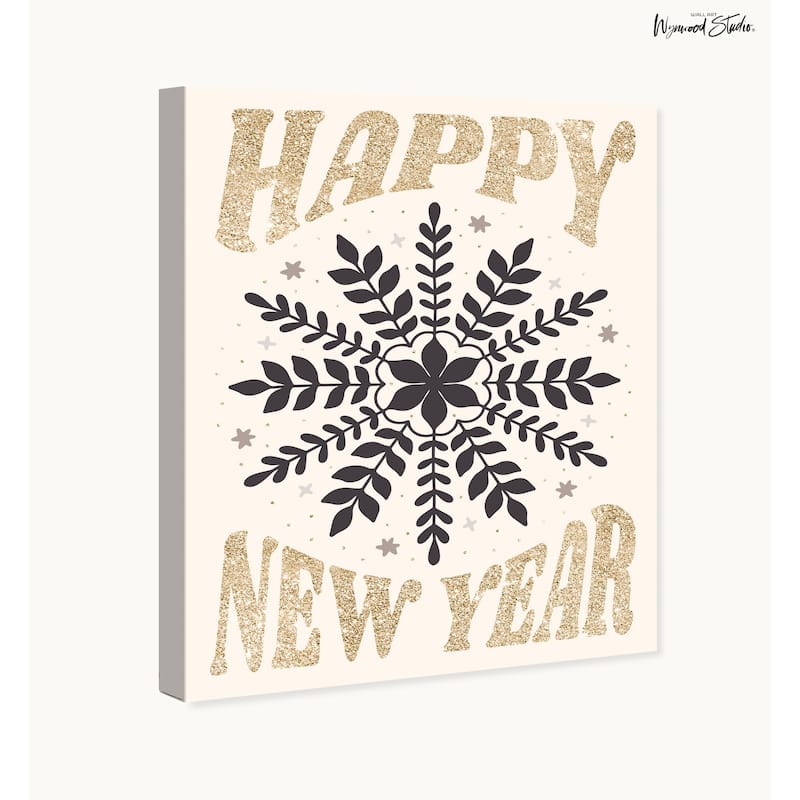 Wynwood Studio Canvas Holiday and Seasonal Happy New Year Snowflake Gold Glam Wall Art Canvas Print