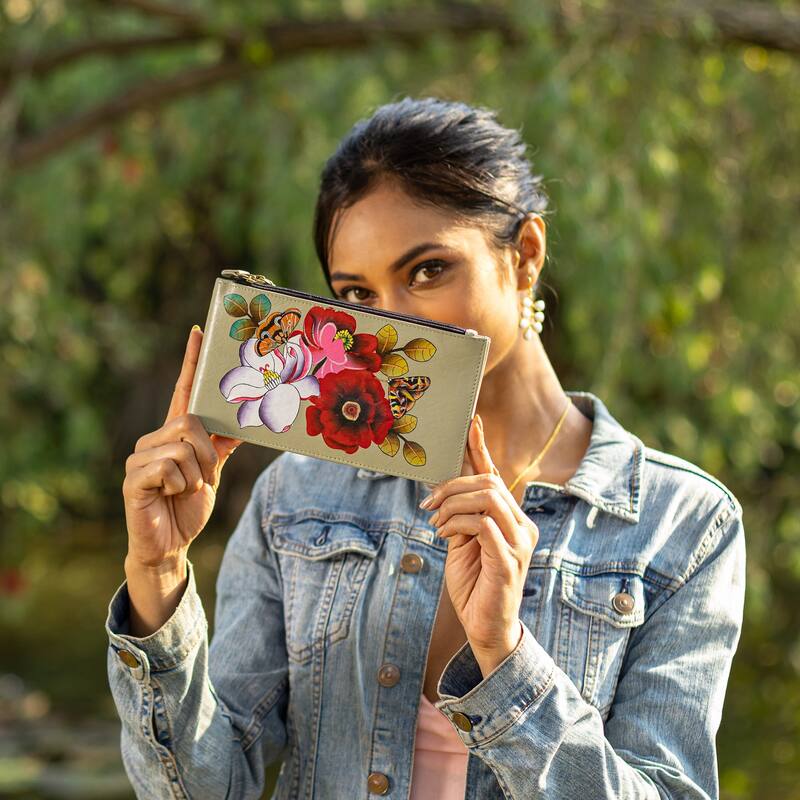 Handpainted Leather Ladies Organizer Wallet - Dreamy Blossoms - Multi-Color