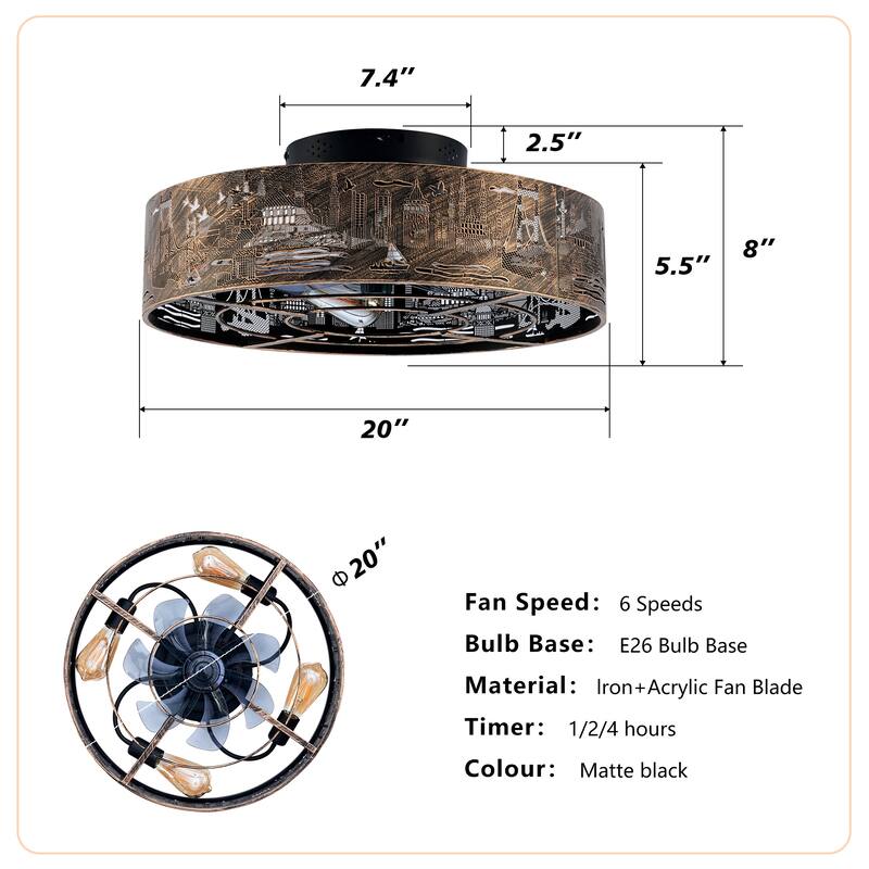 20Inch Farmhouse Ceiling Fans with Remote Control,6 Speed Reversible Flush Mount Low Profile Rustic Ceiling Fan - N/A