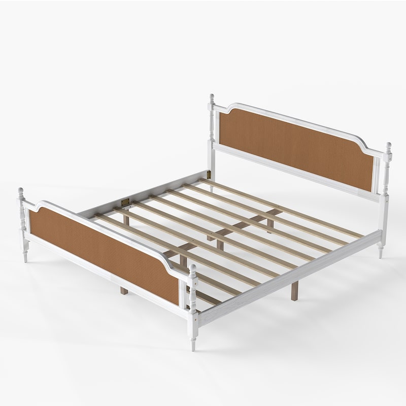 Wooden Platform Bed Bed Frame w/Hand-Woven Rattan Headboard & Footboard, Boho and Mid Century Style Bed Frame, Solid Pine Wood