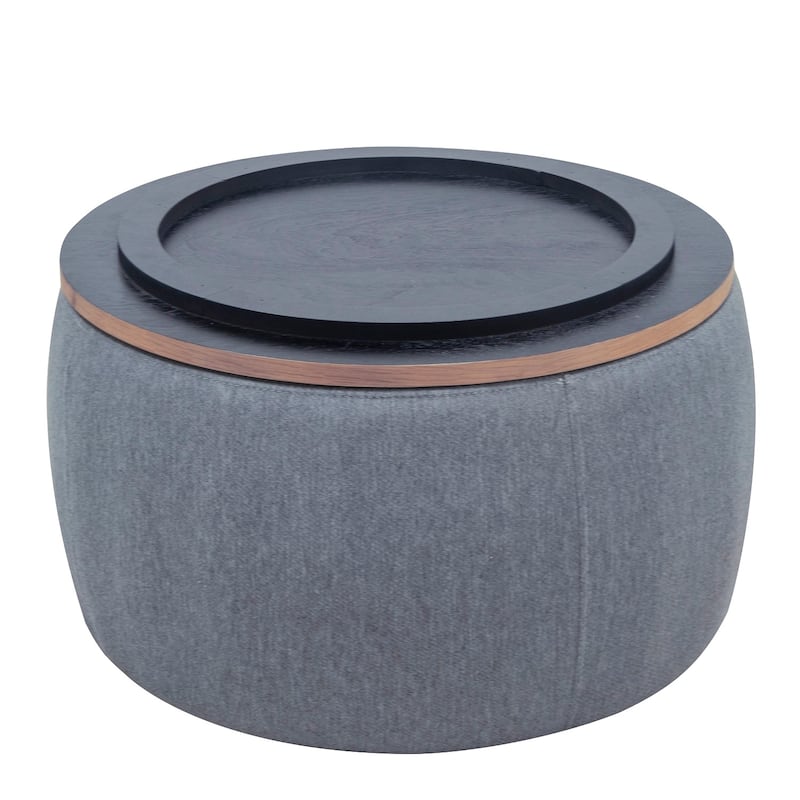 HomeRoots 26" Dark Gray and Natural Fabric And Wood Reversible Tray Top Round Storage Ottoman