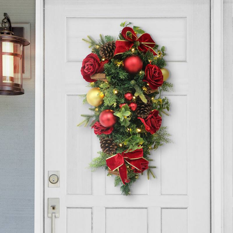 Puleo International 28" Artificial Pre-Lit Adorned Battery-Operated Swag - Red