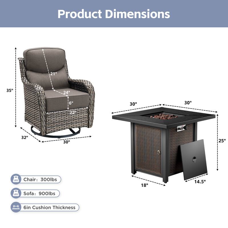 Arcadia 5-Piece Wicker Patio Set with 4 Swivel Glider Chairs and Square All-Iron Fire Pit