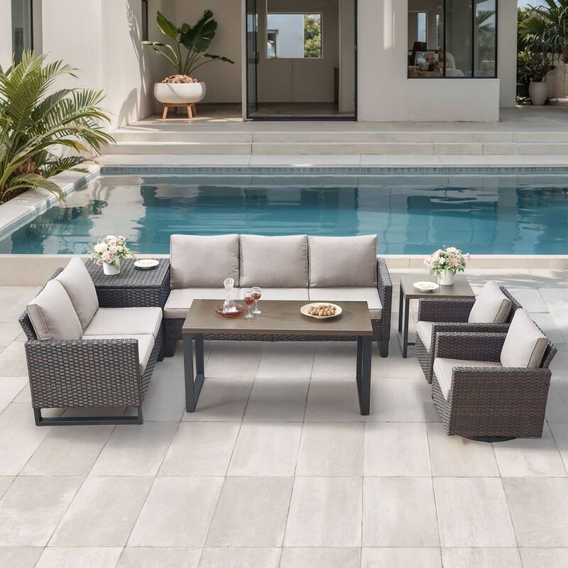 Gymojoy 5 Person All-Weather Wicker Outdoor Conversation Set Seating Group With Swivel Chairs And Coffee Table - Brown Wicker / Beige Cusion - 7-Piece