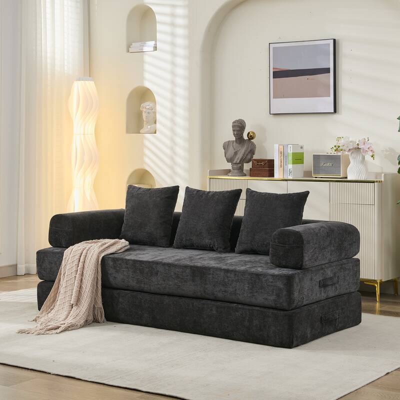 Chenille Folding Sofa Floor Sleeper Bed Chaise Lounger Couch 3-in-1 Comfy Mattress with Reversible Arm Pillows and Non-slip Pad - Black