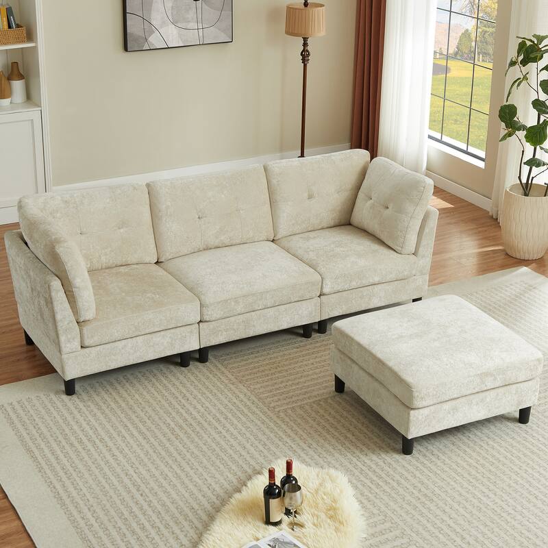 99.4" Chenille High Armrest L Shaped Sofa with Ottoman