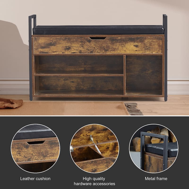 39" Wood Shoe Storage Bench with Cushion and Lift-Top Storage Box