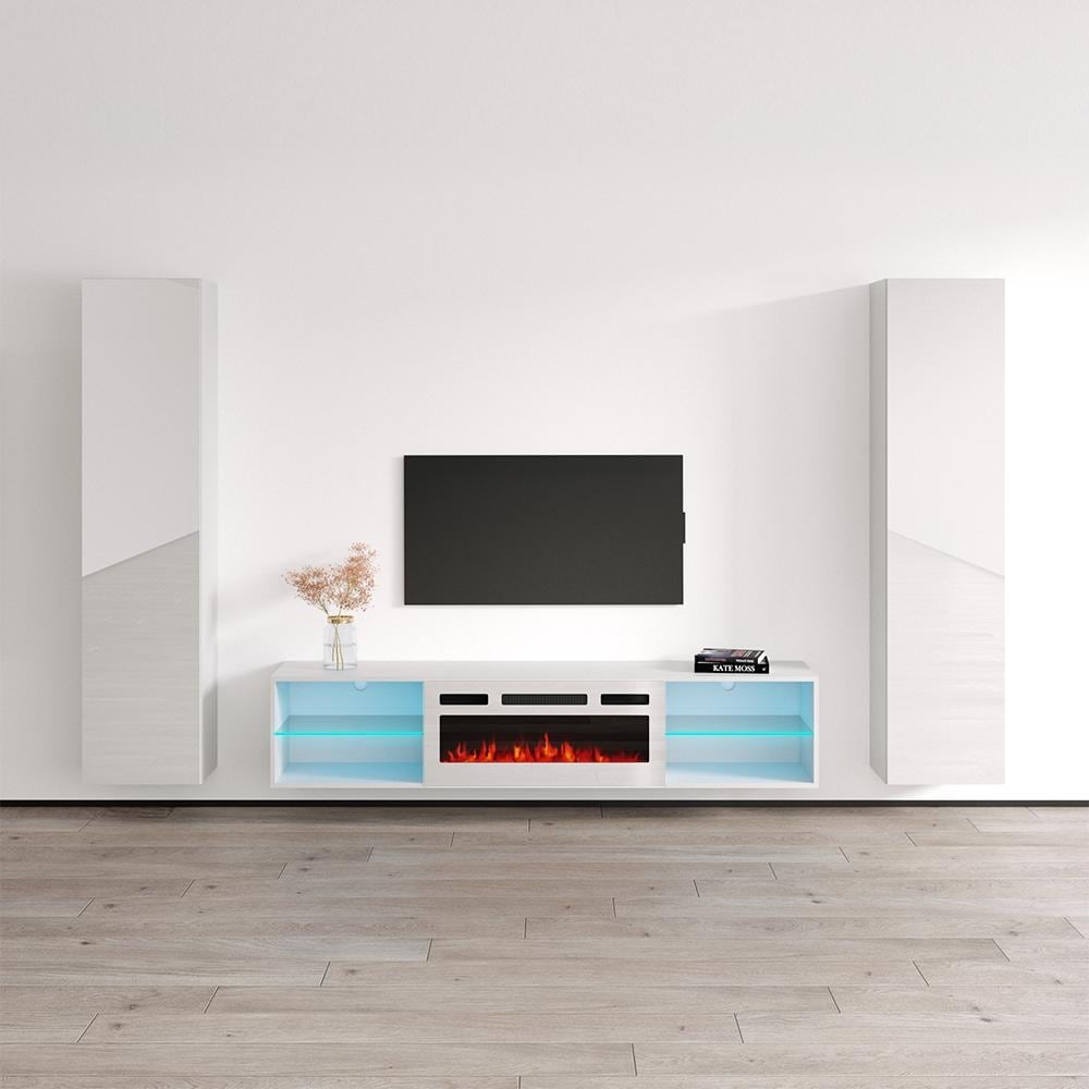 Meble Furniture Lima Floating Fireplace Entertainment Center for up to 80" TVs 103" Wide - 31.5" Electric Fireplace
