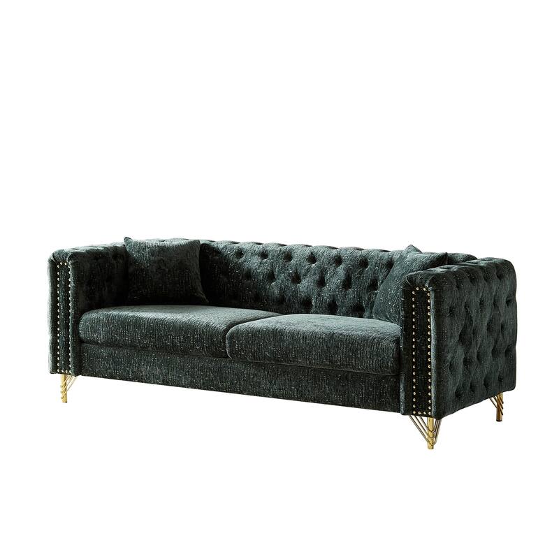 82-Inch Chesterfield-Style Chenille Sofa, Tufted Design with Nailhead Armrests and Metal Legs for Living Room