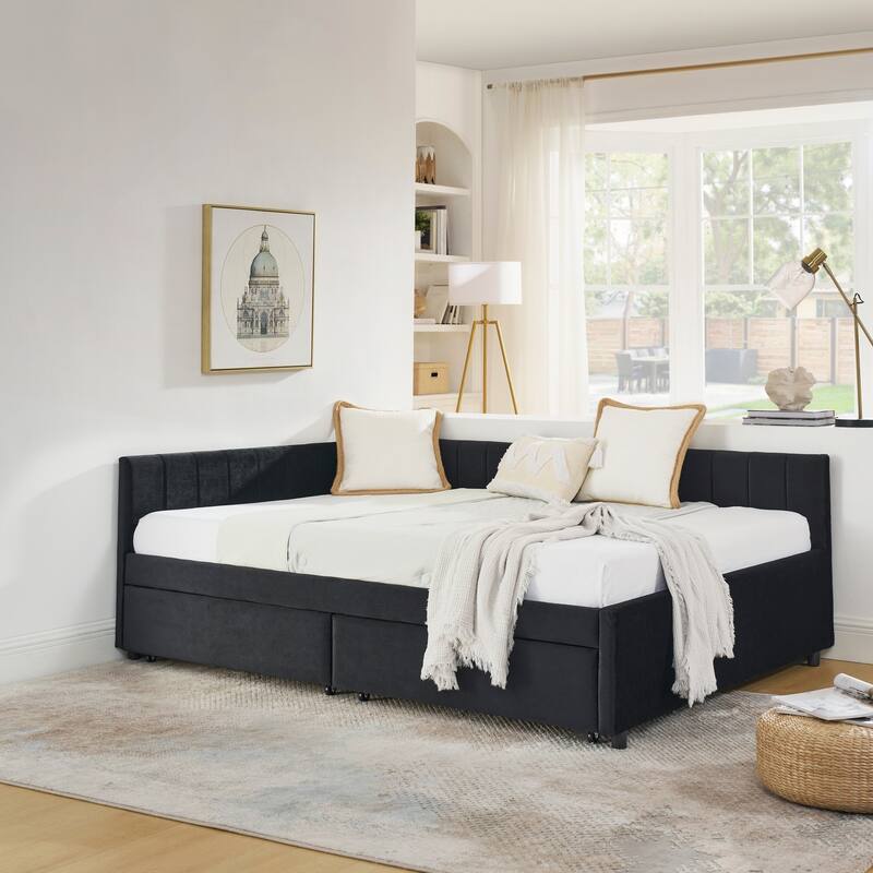Full Size Upholstered Tufted Bed Frame with Two Drawers and Comfortable Backrest