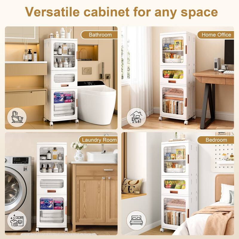 VECELO White Storage Cabinet Modular Organizer with 2 Adjustable Shelves 1 Drawer & Wheels Magnetic Transparent Doors for Closet