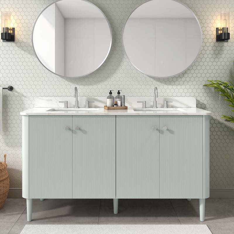 Haley Bathroom Vanity in Soft Sage with Alluring Quartz Top - 61"W x 22"D x 35.2"H