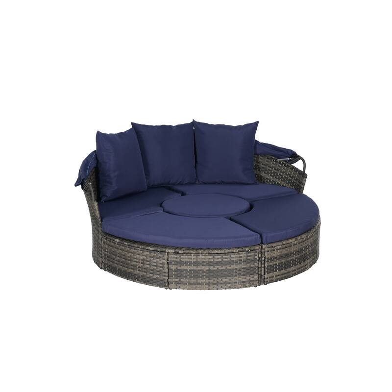 5-Piece Outdoor Patio Conversation Set Wicker Daybed Set with Canopy, Storable Table&Soft Cushions