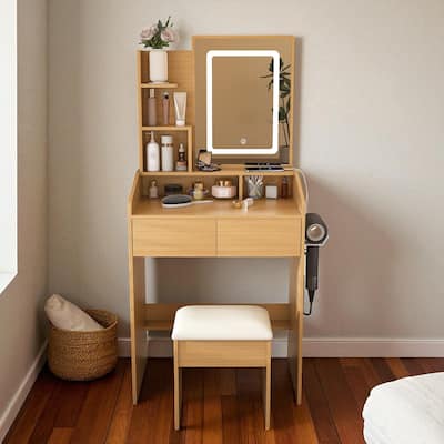 Compact Vanity Table with LED Mirror, Charging Station, Hairdryer Holder, Storage Drawers & Stool for Small Bedrooms