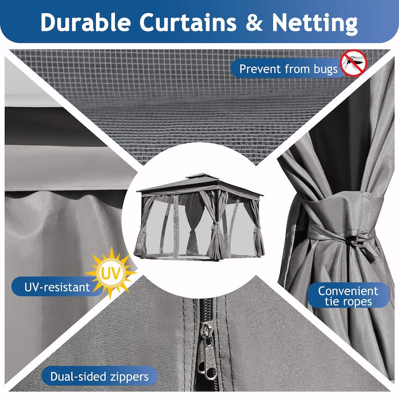 Outdoor Gazebo Tent with Double Roof, Mosquito Netting & Privacy Screens