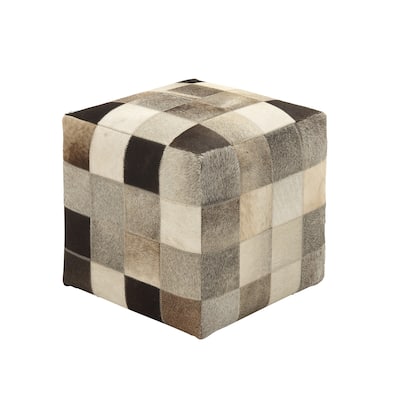 Leather Handmade Stool with Patchwork Pattern - Multi Colored, Gray, White, Gold - Roche River Decor