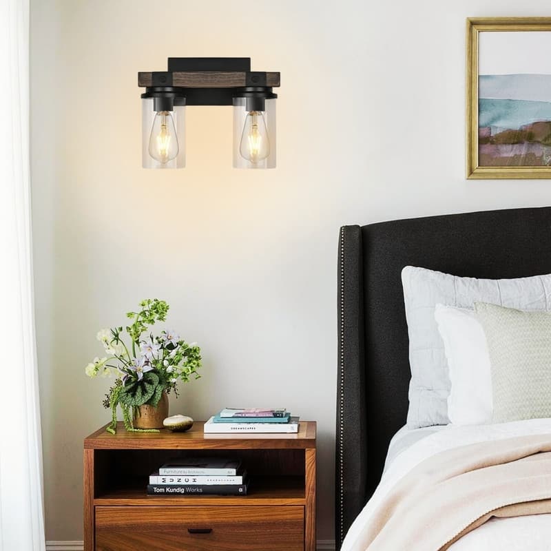 2 Light vanity light and mirror wood wall sconce glass, iron, wood wall light