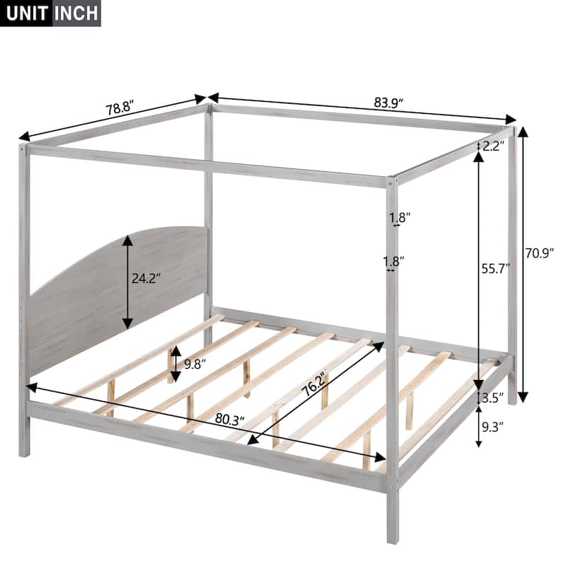 King Size Canopy Platform Bed with Headboard and Support Legs, Wood Slat Support