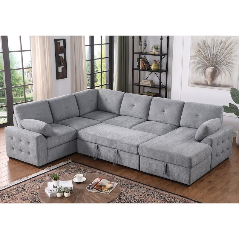 Convertible Pull-out Sectional Sofa Loveseat Sleeper with Storage and Pillows