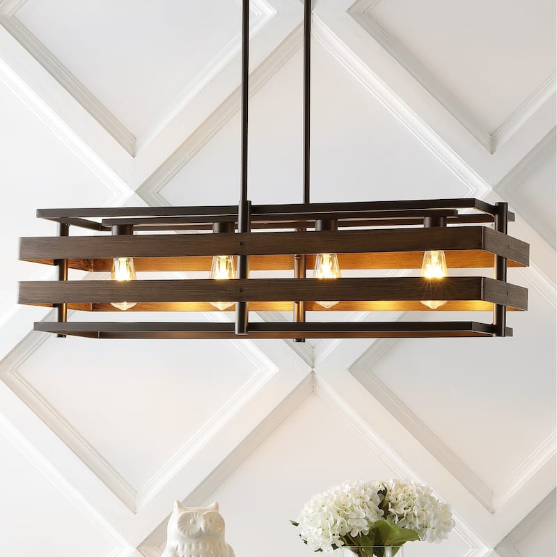 Lyla 34" 4-Light Rustic Farmhouse Iron Linear LED Pendant, Wood Finished/Oil Rubbed Bronze by JONATHAN Y - 4 Light